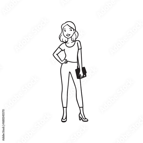 Beautiful Woman Black and White Vector Image Illustration Fashion Girl Portrait Line Art Drawing