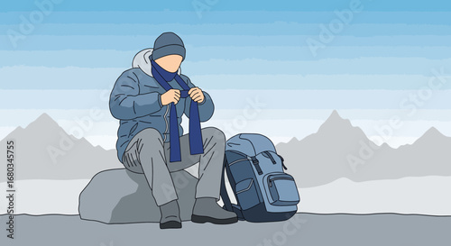 Adventurer Adjusting Scarf While Resting Near Backpack With Mountainous Scenic Backdrop