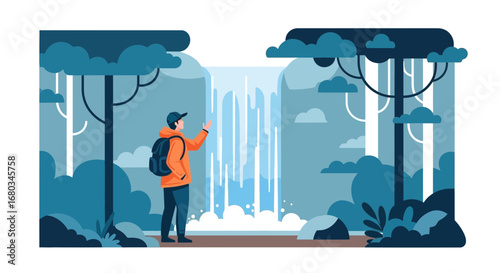 Adventurer Admiring the Majestic Cascading Waterfall and Lush Vegetation Scene