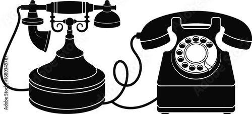 Vintage rotary telephone set with classic design, retro communication devices, old-fashioned phone collection, antique telephone silhouette, black and white illustration