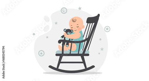 Adorable Baby Relaxing in a Rocking Chair with a Teddy Bear, Enjoying Sleep Time