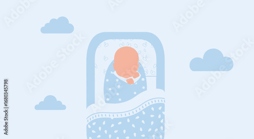 Adorable Baby Resting Comfortably in Crib With Soft Blue Clouds and Artistic Design