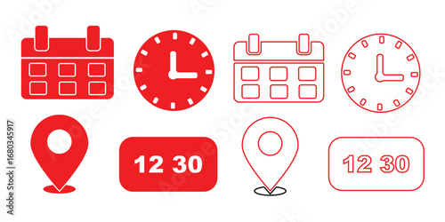 Vector art of vector illustration of a clock calendar and location icon representing time management and scheduling for appointments and reminders