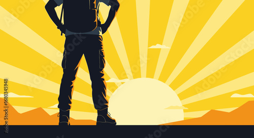 Adventurer At Dawn Standing Confidently Against An Amazing Sunrise Silhouette Background