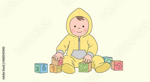Adorable Baby Sitting With Blocks and Enjoying Playing at Home in Minimalist Style