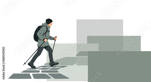 Adventurer Ascending Steps, Walking Towards a Goal, Hiking Upwards on Geometric Terrain