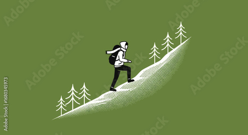 Adventurer Ascending Steep Slope Amongst Trees In Pursuit Of Reaching The Summit