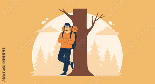 Adventurer At Peace Beside Majestic Tree In Serene Forest Amidst Calming Sunset