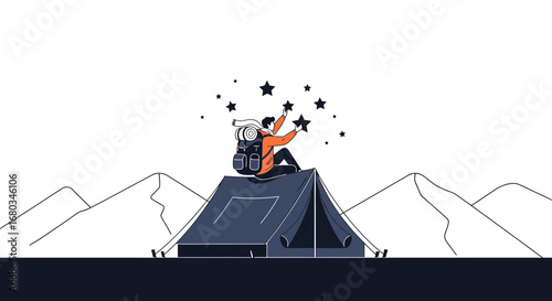 Adventurer Capturing Stellar Moments Above Tent During Camping Trip, Minimalist Design Vision