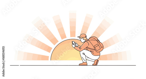 Adventurer Capturing Sunrise Moment with Phone in Detailed Line Art Illustration