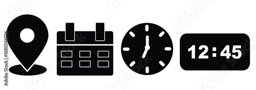 Address. time, and date icon vector. Event elements isolated on transparent background. Clock, pin map location,