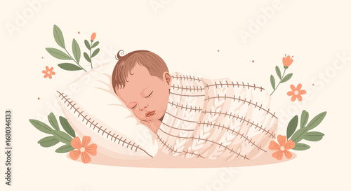 Adorable baby sleeping peacefully on a pillow, surrounded by floral elements and blanket
