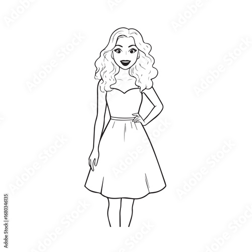 Beautiful Woman Black and White Vector Image Illustration Fashion Girl Portrait Line Art Drawing