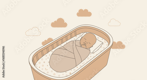 Adorable Baby Sleeping Peacefully Swaddled in a Crib Under Stylized Clouds