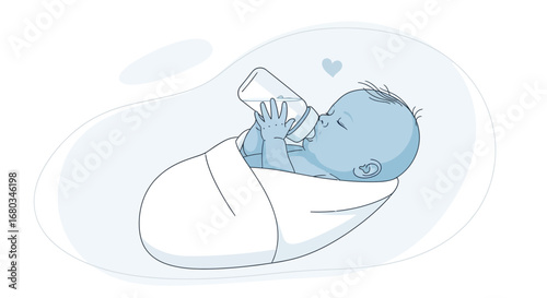 Adorable Baby Sleeping While Drinking Milk From Bottle, Cute Illustration, Blue Tones