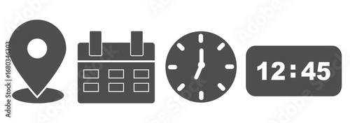 Address. time, and date icon vector. Event elements isolated on transparent background. Clock, pin map location,