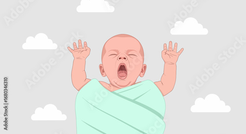 Adorable Baby Stretching: A Charming Moment of Sleepiness in a Vector Illustration