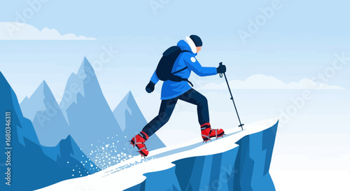 Adventurer Climbing Mountain Summit After Reaching Cold Snowy Peaks With Crampons
