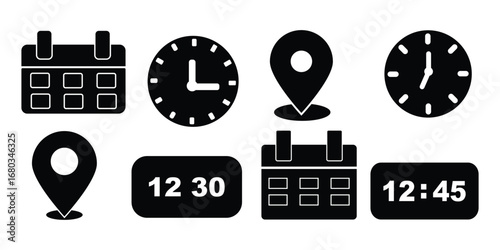 Address. time, and date icon vector. Event elements isolated on transparent background. Clock, pin map location,