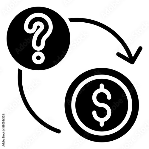 Question Payment Glyph Black Silhouette Icon Design Vector - Question mark with a dollar coin and circular arrow, symbolizing payment issues, refund, or financial query