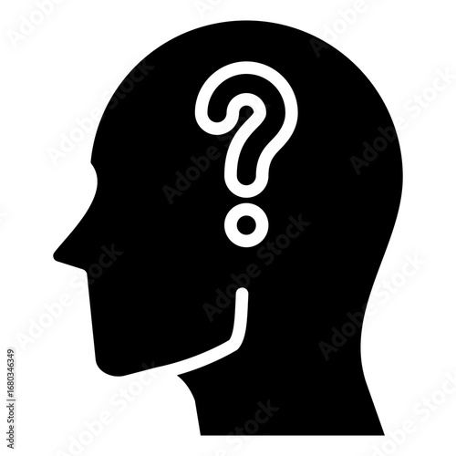 Thinking Mind Glyph Black Silhouette Icon Design Vector - Human head with question mark inside, symbolizing curiosity, doubt, or problem-solving