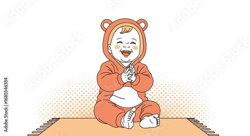 Adorable baby wearing bear costume happily smiling on a mat with a white background