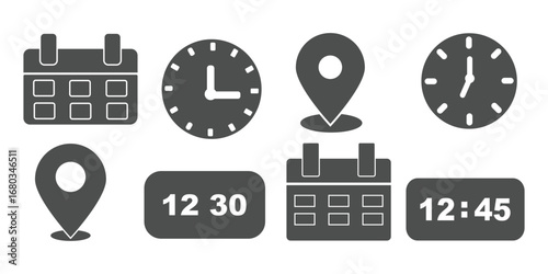 Date and time icon set featuring calendar, clock, and location symbols for planning and scheduling