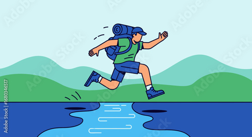 Adventurer Crossing A Blue Stream, Showing Determination, And Facing The Outdoors