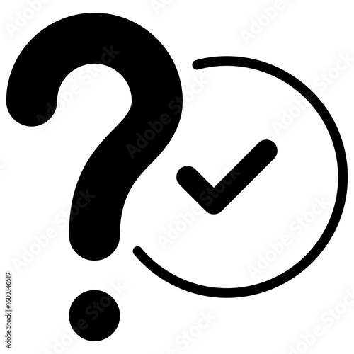 Question Check Glyph Black Silhouette Icon Design Vector - Question mark with check symbol, representing verified answer or solved issue