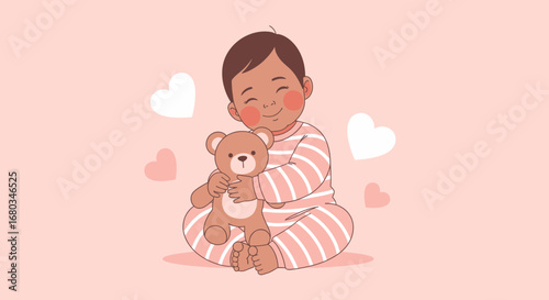 Adorable Baby With Teddy Bear Embracing Love and Affection in Cute Illustration