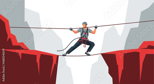 Adventurer Crossing A Dangerous Gorge, Balancing And Facing Challenges With Courage