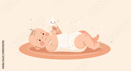 Adorable Baby With Star-Shaped Toy on A Gentle Pastel-Colored Surface