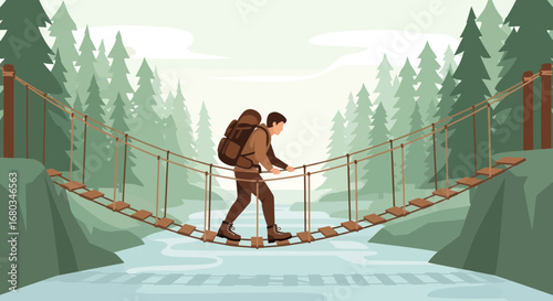 Adventurer crossing a rope bridge in a forest with a backpack vector illustration