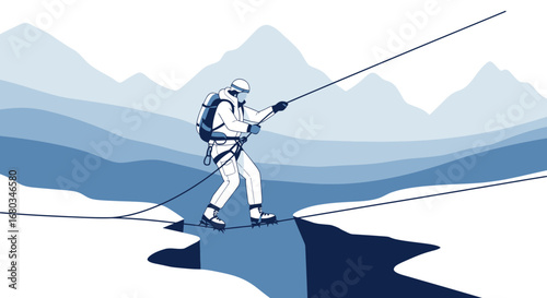 Adventurer Crossing a Gorge on a Tightrope with Mountains in Background