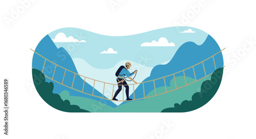 Adventurer Crossing A Suspension Bridge Amongst Lush Green Mountain Scenery