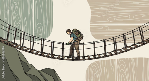 Adventurer Crossing a Rope Bridge on a Difficult Trail Towards Challenging Goals