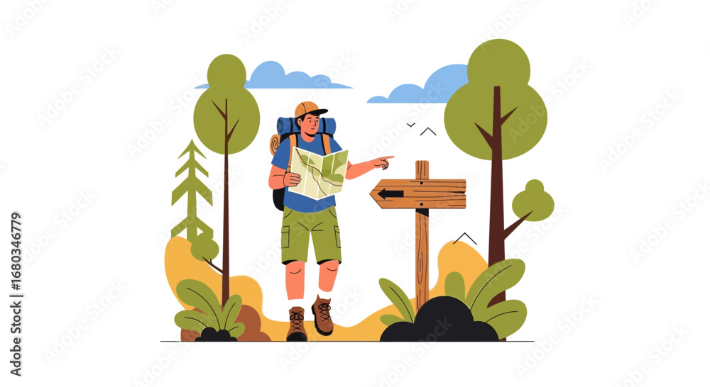 Fototapeta premium Adventurer Discovering Direction, Exploring Nature With Map, Searching For The Path