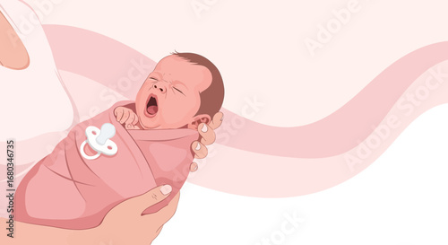Adorable Baby Yawning in Pink Swaddling Held in Gentle Arms with Pacifier Attachment