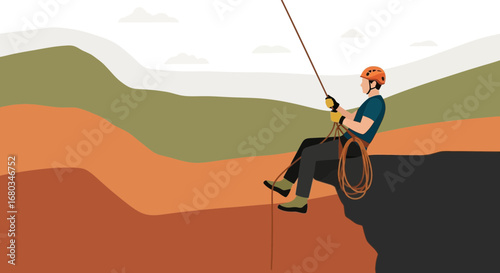 Adventurer Descending a Rocky Cliff, Seeking Challenge and Reaching New Heights