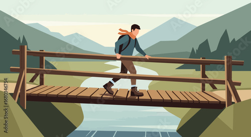 Adventurer Crossing Wooden Bridge Amidst Picturesque Mountains and Rivers