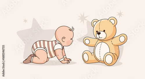 Adorable Baby's First Encounter With A Cute Teddy Bear In Playful Design