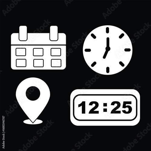 Time, date and address or location icons. Time, date and address vector collection. Calendar, clock and map pin symbol for event, meeting, wedding, schedule, invitation card design element on isolated
