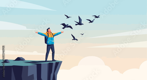 Adventurer Embracing Freedom, Birds Symbolizing Liberation And The Open Sky, Vector Illustration