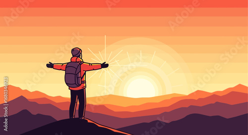 Adventurer Embraces The Golden Dawn, Celebrating The Triumph Over Mountain Ascent