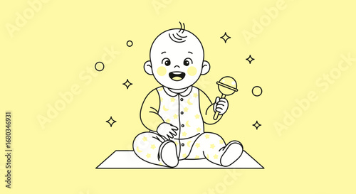 Adorable Cartoon Baby Boy Smiling and Playing with a Rattle Toy in a Yellow Background