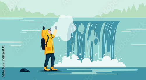 Adventurer enjoying a waterfall with raised arms representing freedom and happiness