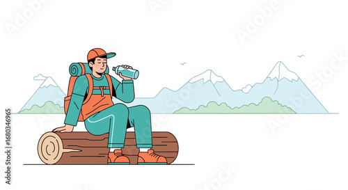 Adventurer enjoying the landscape while drinking water Illustration Vector Art