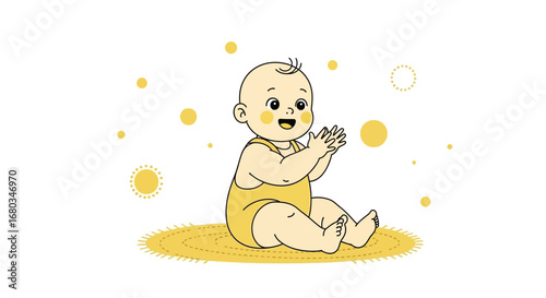Adorable cartoon baby clapping and smiling on a yellow rug with abstract decorations
