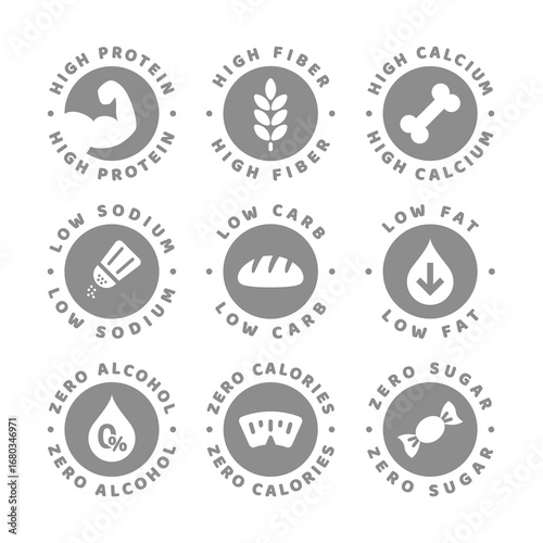 High calcium, fiber and protein labels. Low calories, zero sugar and low sodium vector label set.