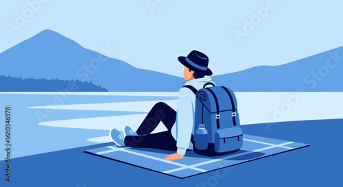 Adventurer Enjoying Serene Landscape With Backpack, Resting And Contemplating the Mountains